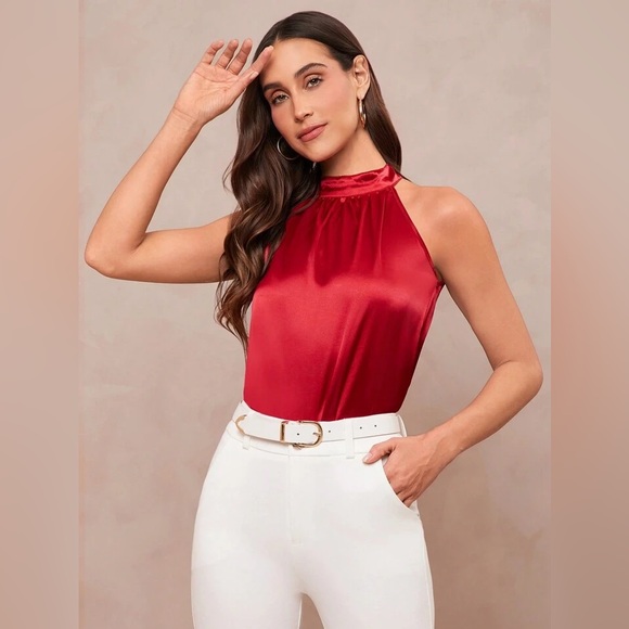Elegant Red Halter Top Solid Neck Ruched Satin Blouse BRAND NEW NEVER WORN - Picture 2 of 10